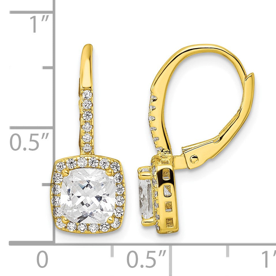 Sterling Silver Gold-tone Polished Princess Cut CZ Halo Leverback Earrings