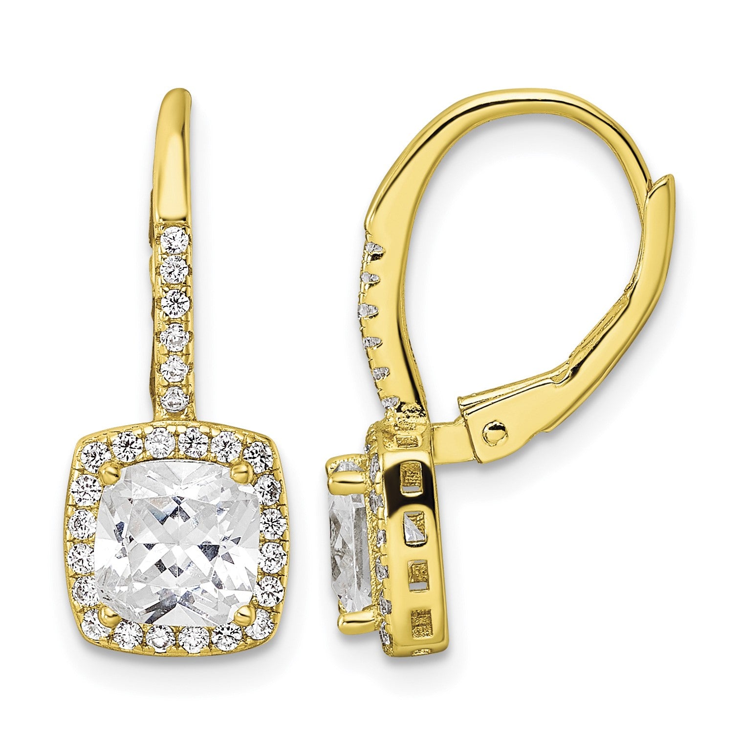 Sterling Silver Gold-tone Polished Princess Cut CZ Halo Leverback Earrings