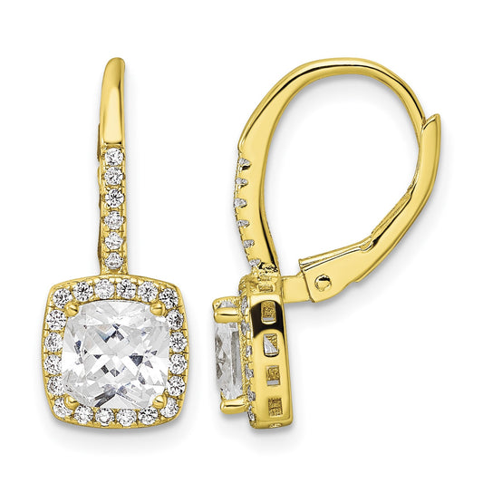 Sterling Silver Gold-tone Polished Princess Cut CZ Halo Leverback Earrings