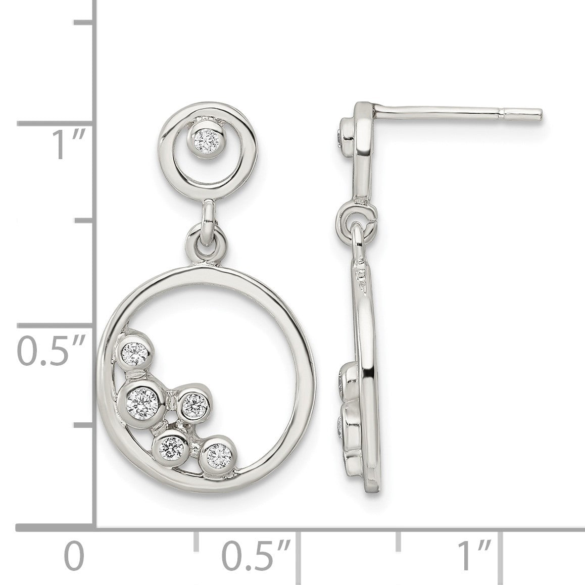 Sterling Silver Polished CZ Circle Dangle Post Earrings