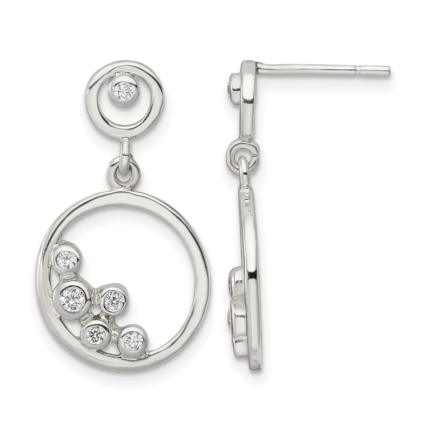 Sterling Silver Polished CZ Circle Dangle Post Earrings