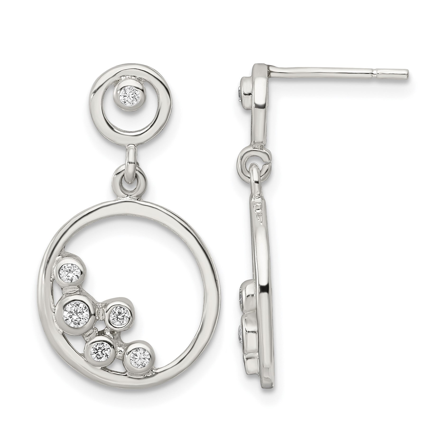 Sterling Silver Polished CZ Circle Dangle Post Earrings