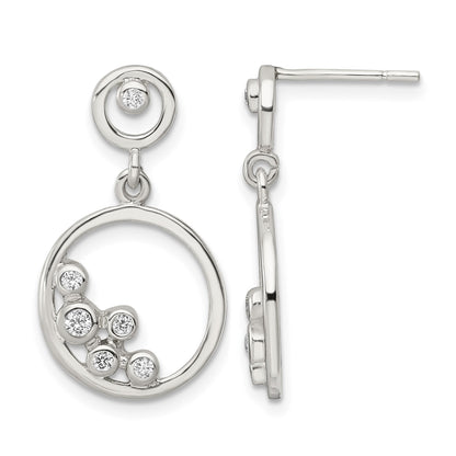 Sterling Silver Polished CZ Circle Dangle Post Earrings