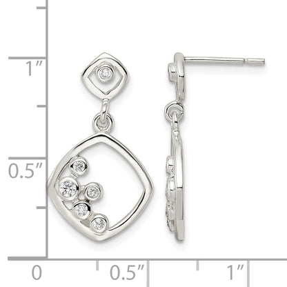 Sterling Silver Polished CZ Square Dangle Post Earrings
