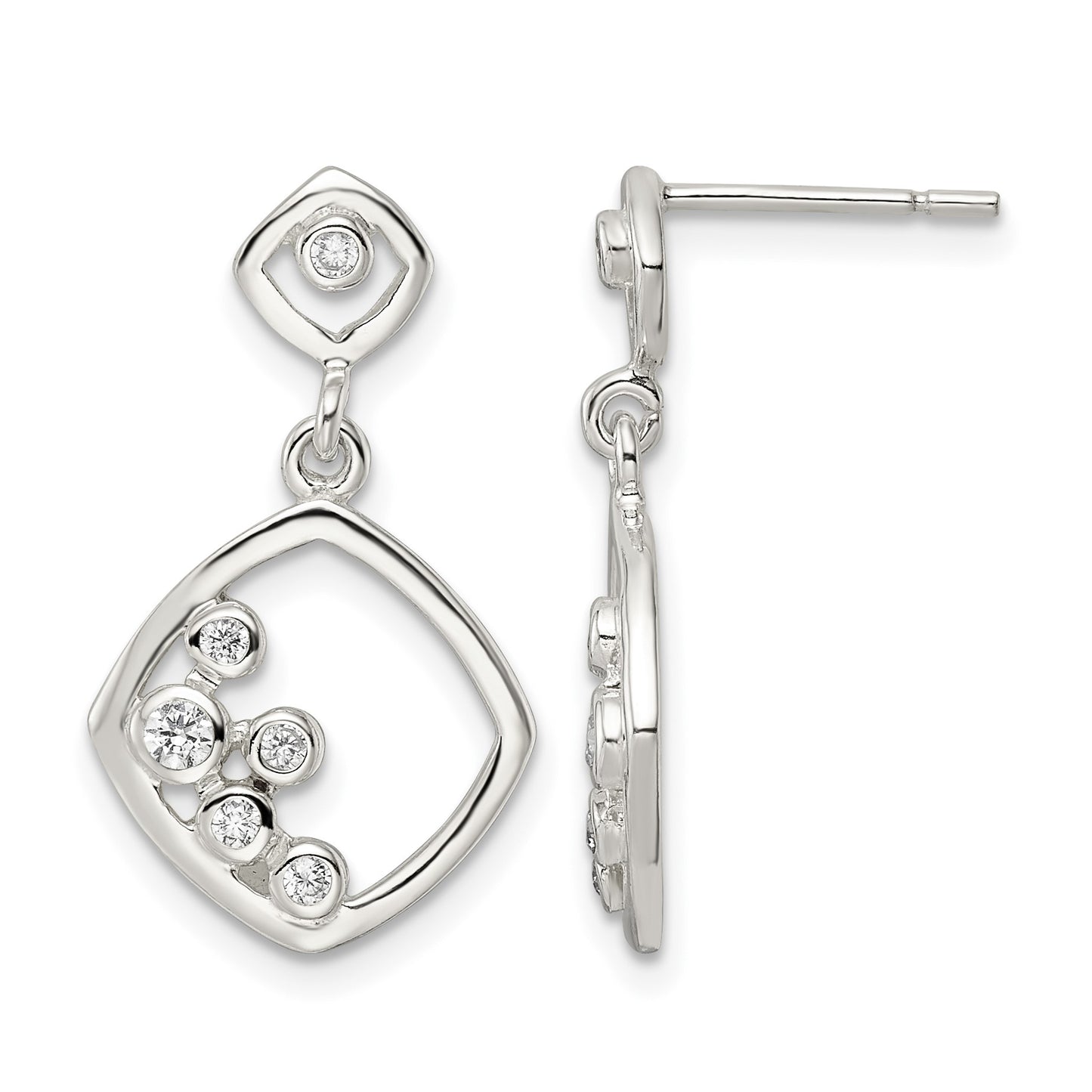 Sterling Silver Polished CZ Square Dangle Post Earrings