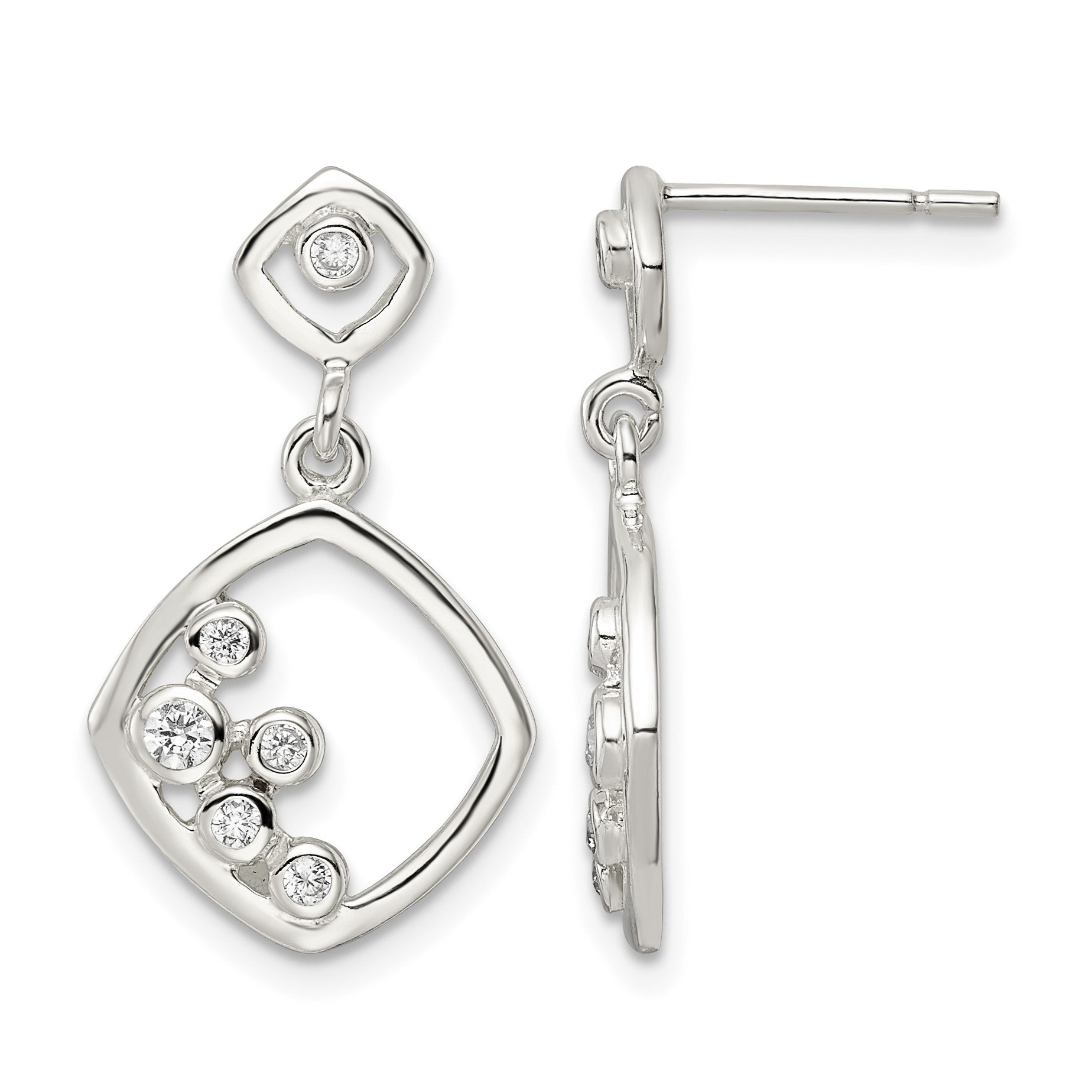 Sterling Silver Polished CZ Square Dangle Post Earrings