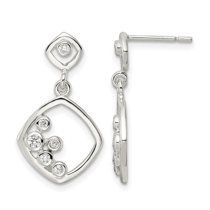 Sterling Silver Polished CZ Square Dangle Post Earrings