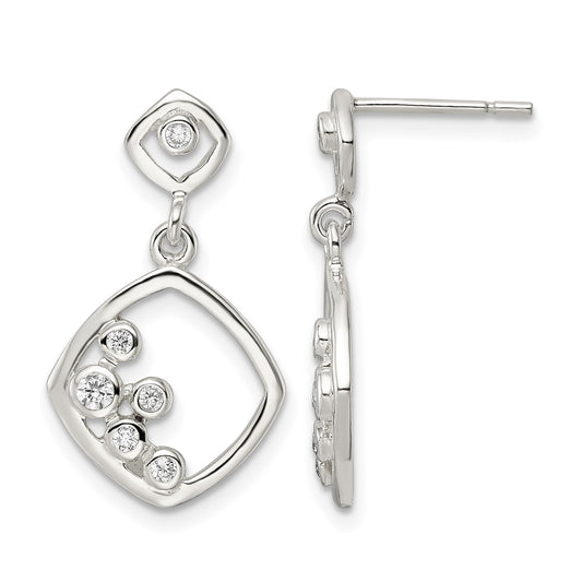 Sterling Silver Polished CZ Square Dangle Post Earrings