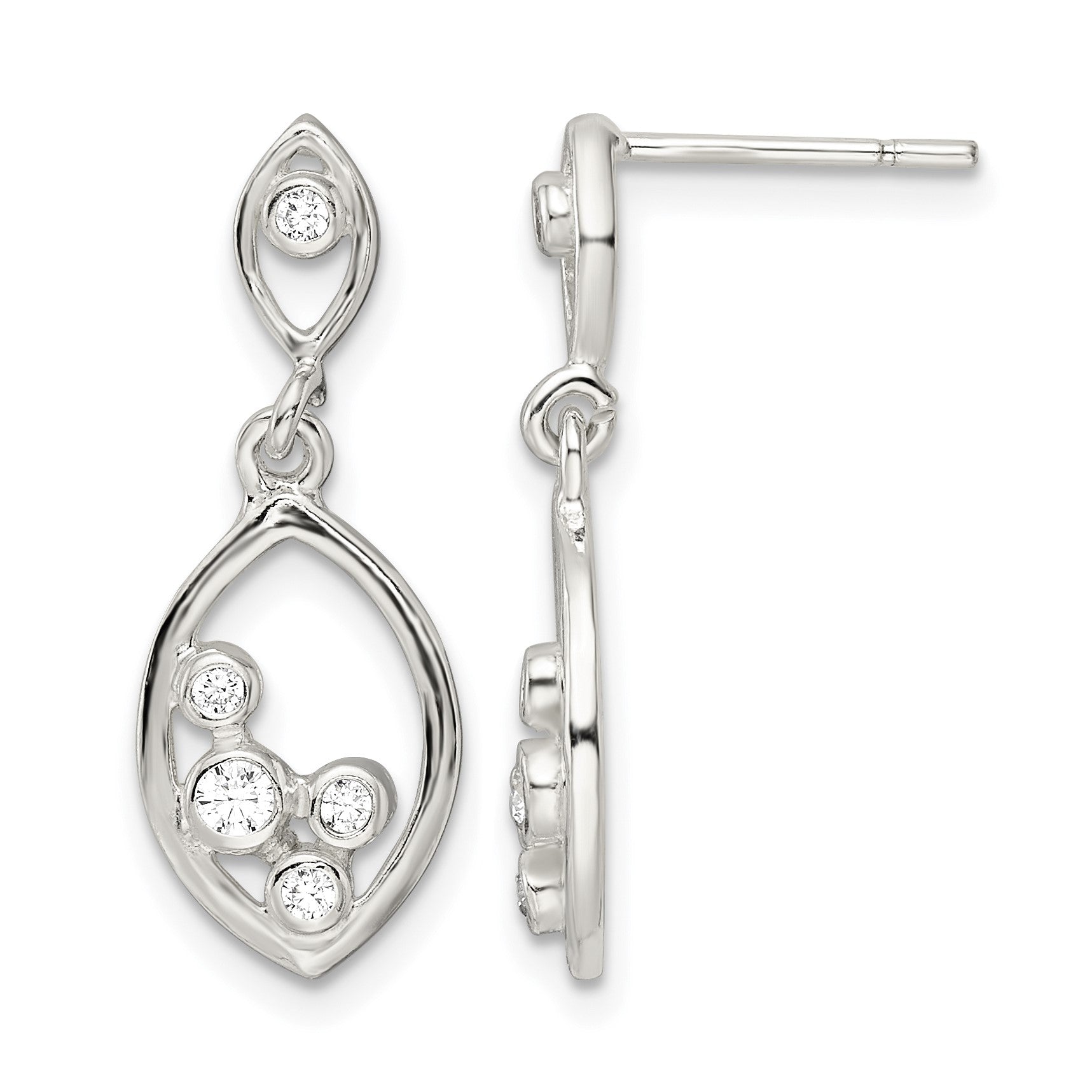 Sterling Silver Polished CZ Oval Dangle Post Earrings