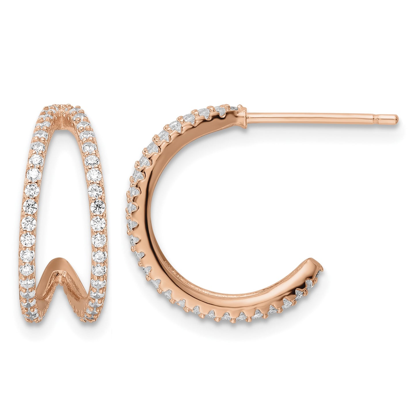 Sterling Silver Polished Rose-tone CZ Post Hoop Earrings