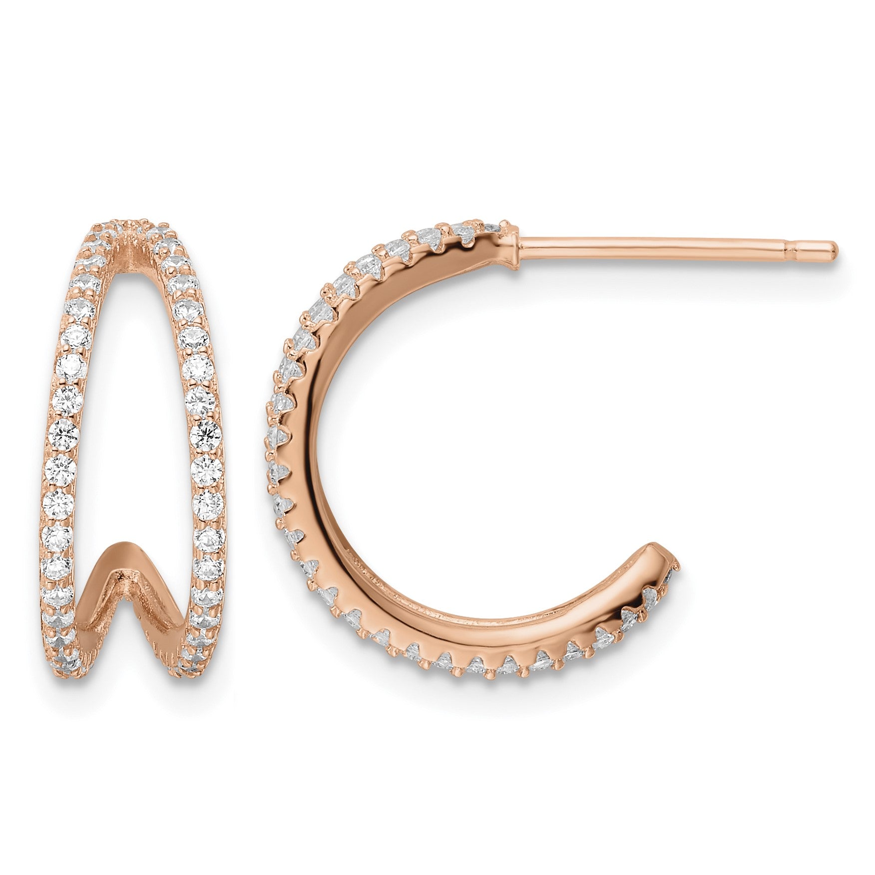 Sterling Silver Polished Rose-tone CZ Post Hoop Earrings
