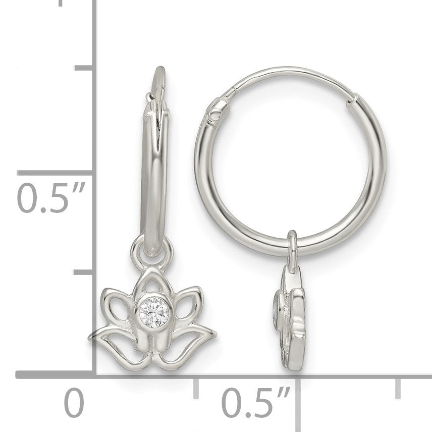 Sterling Silver Polished CZ Dangle Lotus Endless Hoop Earrings