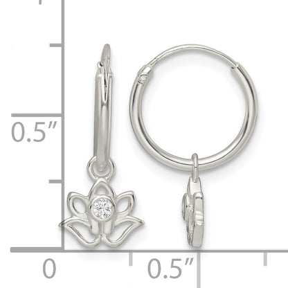 Sterling Silver Polished CZ Dangle Lotus Endless Hoop Earrings