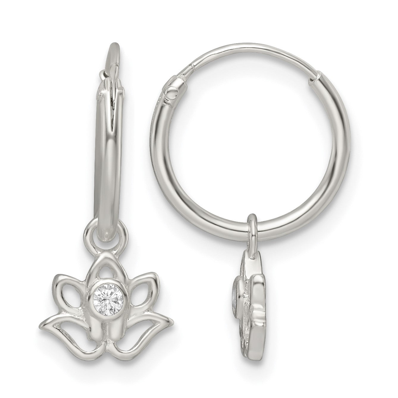 Sterling Silver Polished CZ Dangle Lotus Endless Hoop Earrings