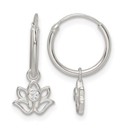 Sterling Silver Polished CZ Dangle Lotus Endless Hoop Earrings