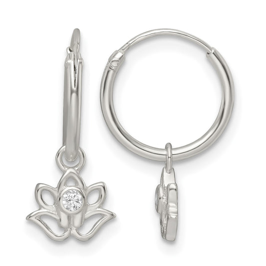 Sterling Silver Polished CZ Dangle Lotus Endless Hoop Earrings