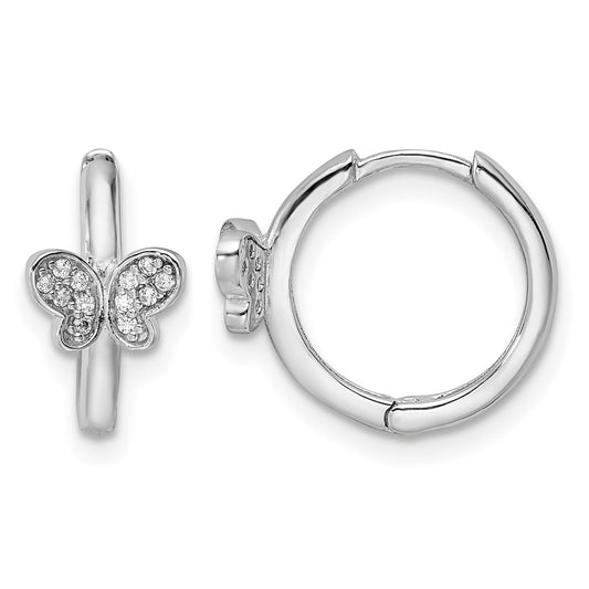 Sterling Silver Rhodium-plated Polished CZ Hinged Hoop Butterfly Earrings