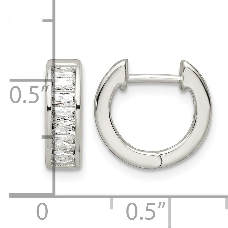 Sterling Silver Polished Baguette CZ Hinged Hoop Earrings