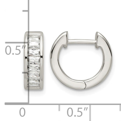 Sterling Silver Polished Baguette CZ Hinged Hoop Earrings