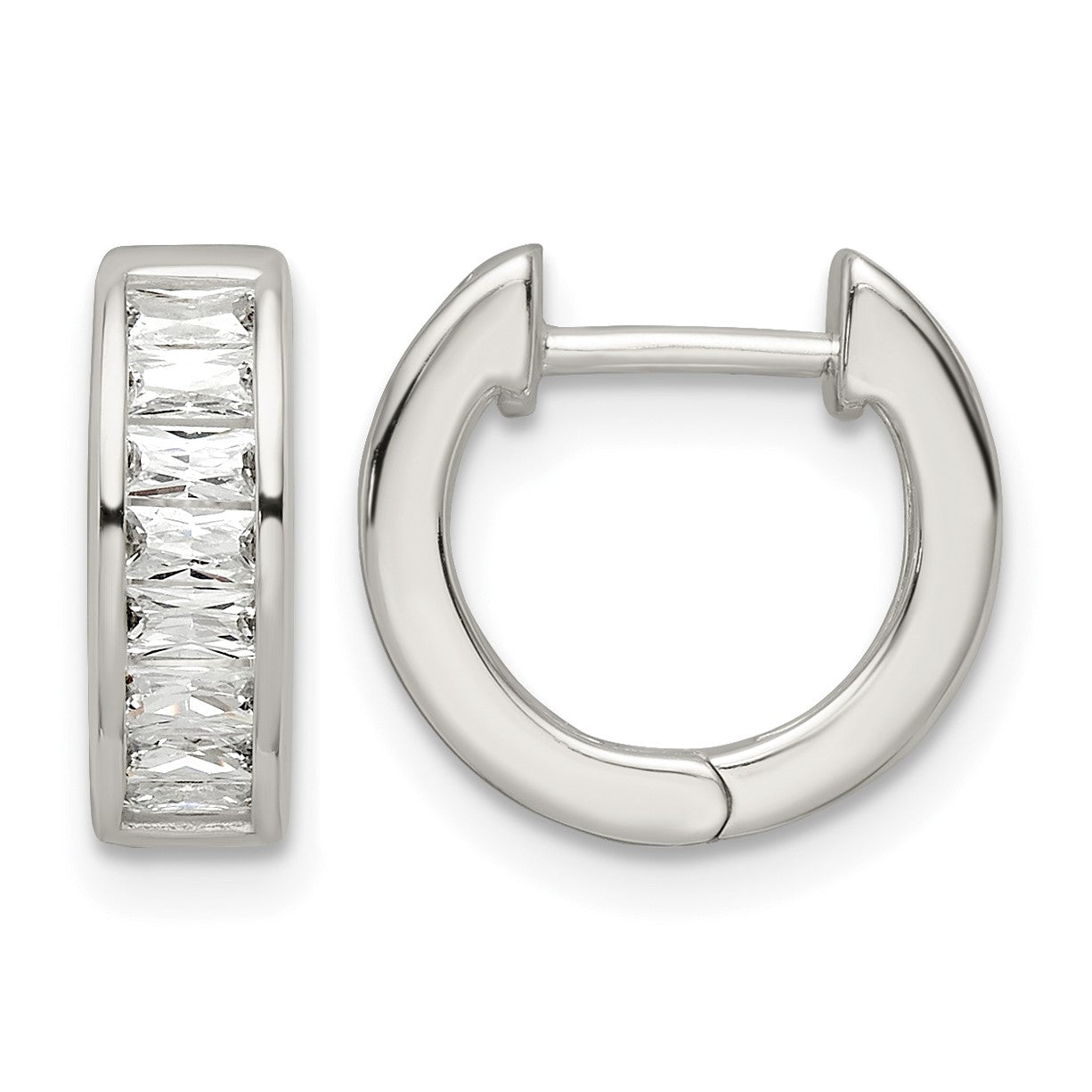 Sterling Silver Polished Baguette CZ Hinged Hoop Earrings