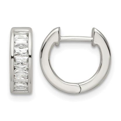 Sterling Silver Polished Baguette CZ Hinged Hoop Earrings