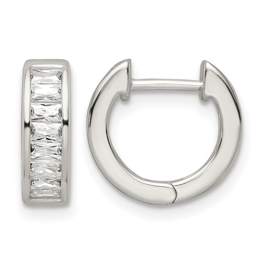 Sterling Silver Polished Baguette CZ Hinged Hoop Earrings