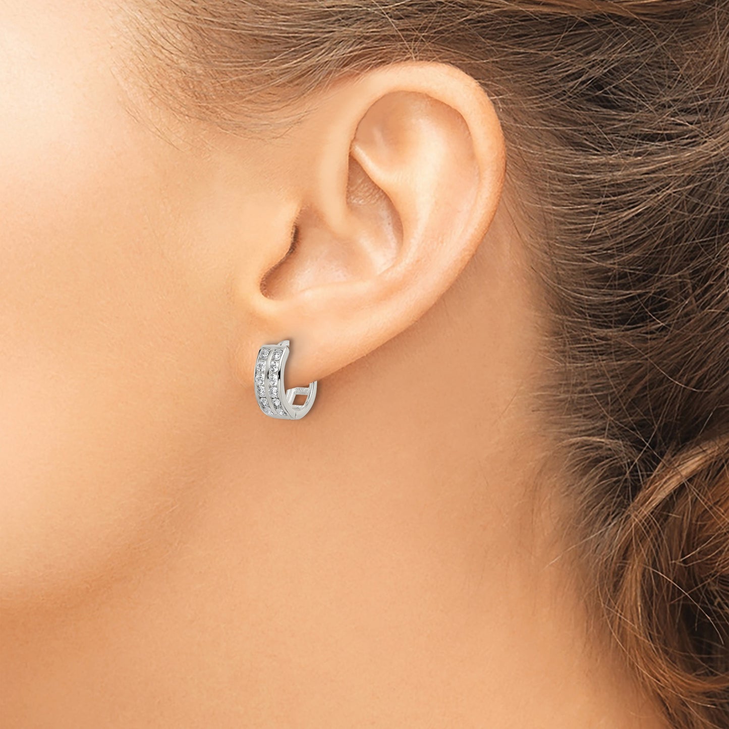 Sterling Silver Polished 2 Row CZ Hinged Hoop Earrings