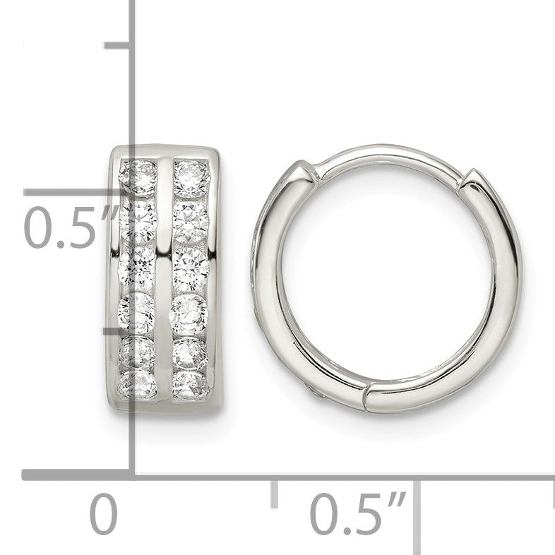 Sterling Silver Polished 2 Row CZ Hinged Hoop Earrings