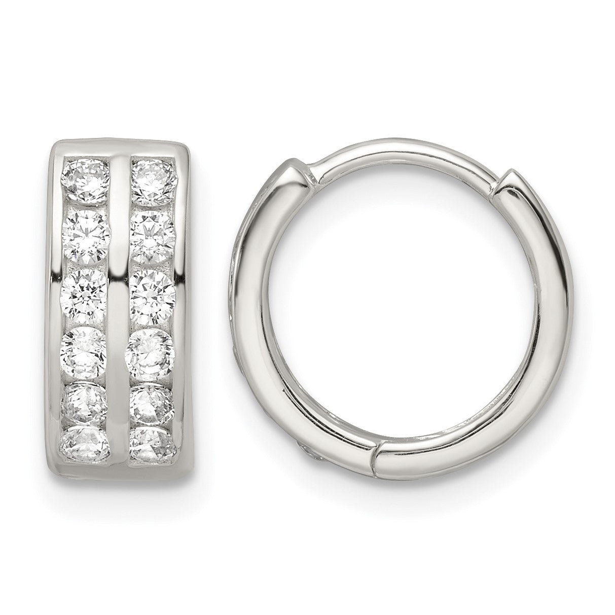 Sterling Silver Polished 2 Row CZ Hinged Hoop Earrings