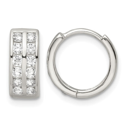 Sterling Silver Polished 2 Row CZ Hinged Hoop Earrings