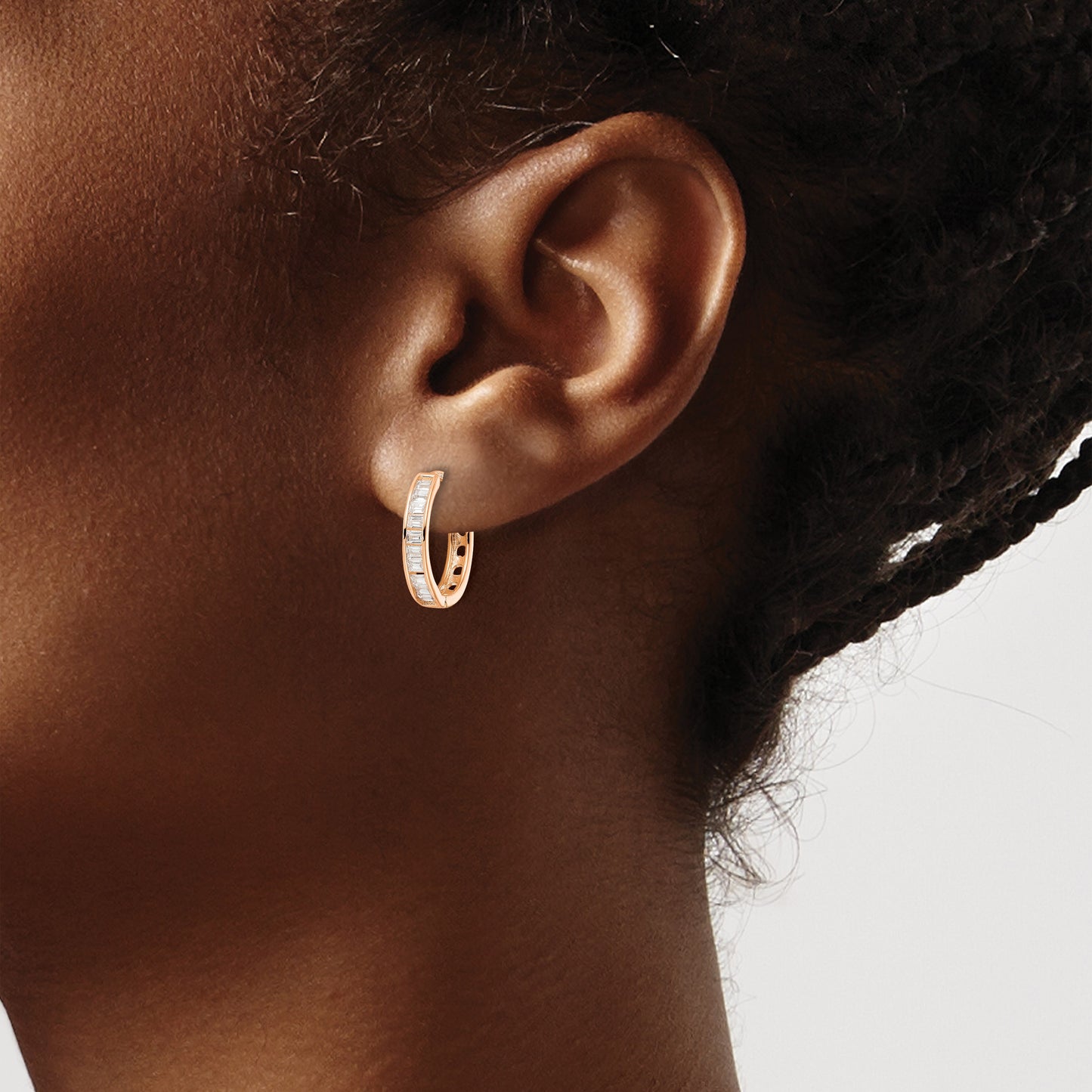Sterling Silver Polished Rose-tone CZ Hinged Hoop Earrings