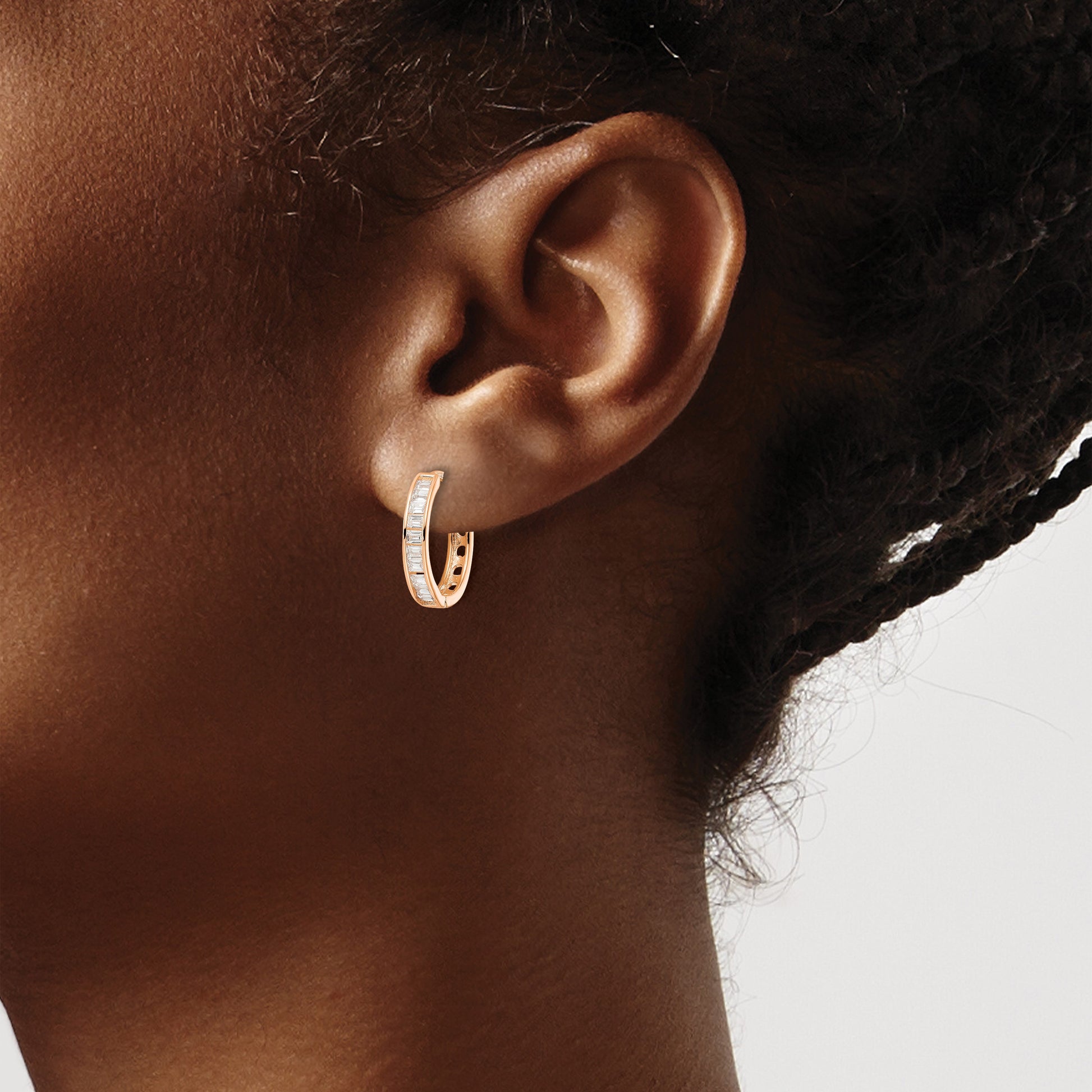 Sterling Silver Polished Rose-tone CZ Hinged Hoop Earrings