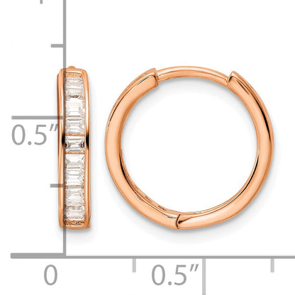 Sterling Silver Polished Rose-tone CZ Hinged Hoop Earrings