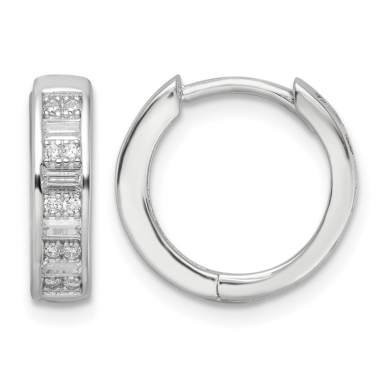 Sterling Silver Polished Rhodium-plated CZ Hinged Hoop Earrings