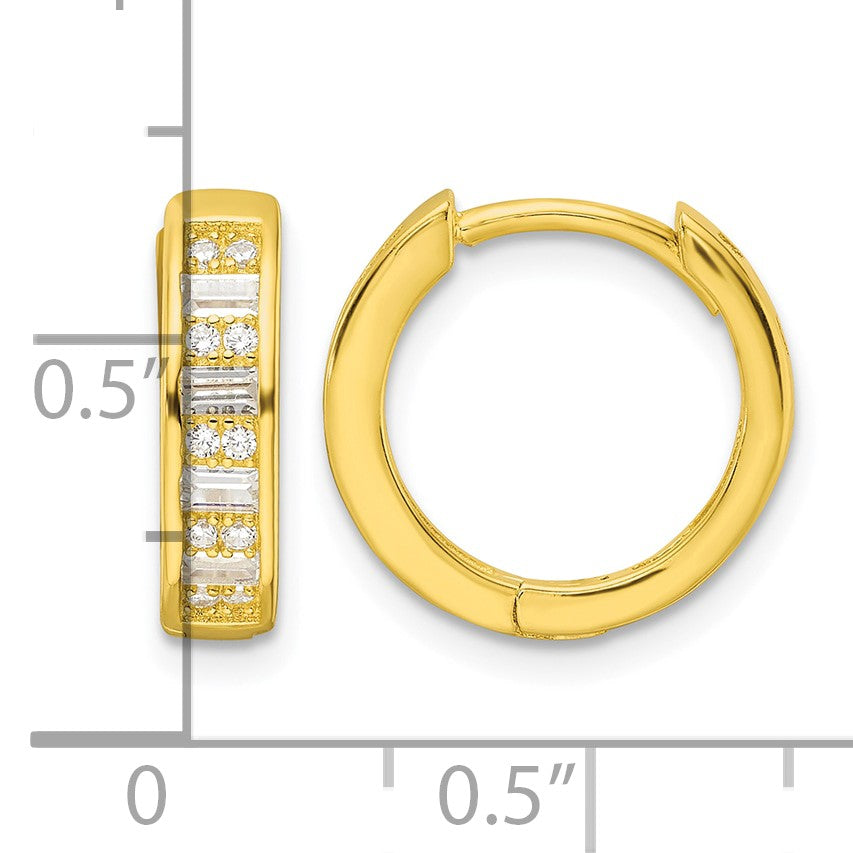 Sterling Silver Polished Gold-tone CZ Hinged Hoop Earrings