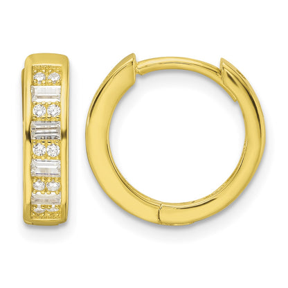 Sterling Silver Polished Gold-tone CZ Hinged Hoop Earrings