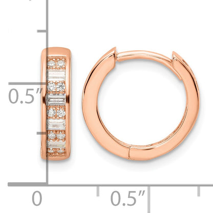 Sterling Silver Polished Rose-tone CZ Hinged Hoop Earrings