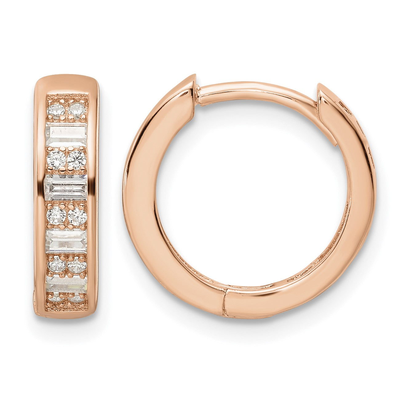 Sterling Silver Polished Rose-tone CZ Hinged Hoop Earrings