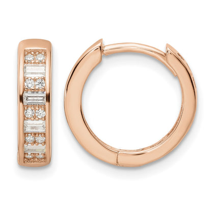 Sterling Silver Polished Rose-tone CZ Hinged Hoop Earrings