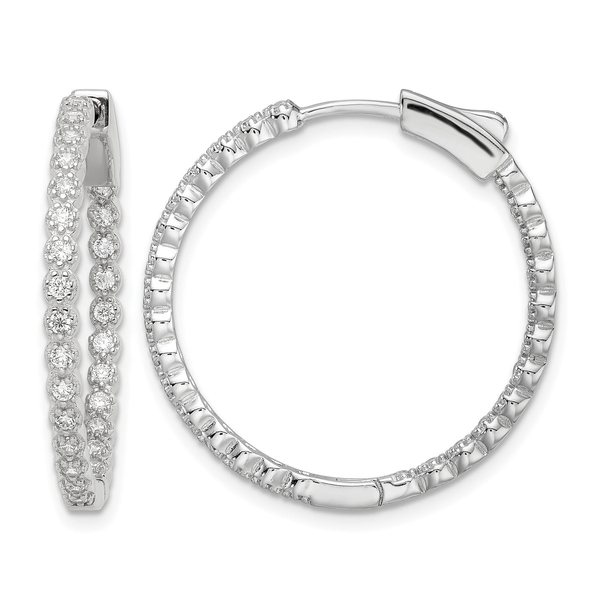 Sterling Silver Polished Rhodium-plated In & Out CZ Hinged Hoop Earrings