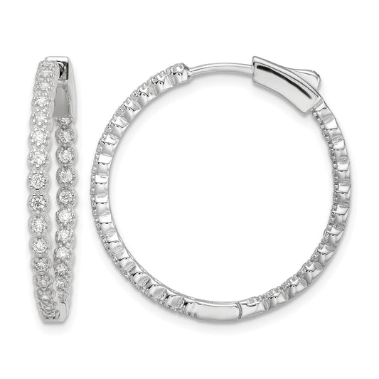 Sterling Silver Polished Rhodium-plated In & Out CZ Hinged Hoop Earrings