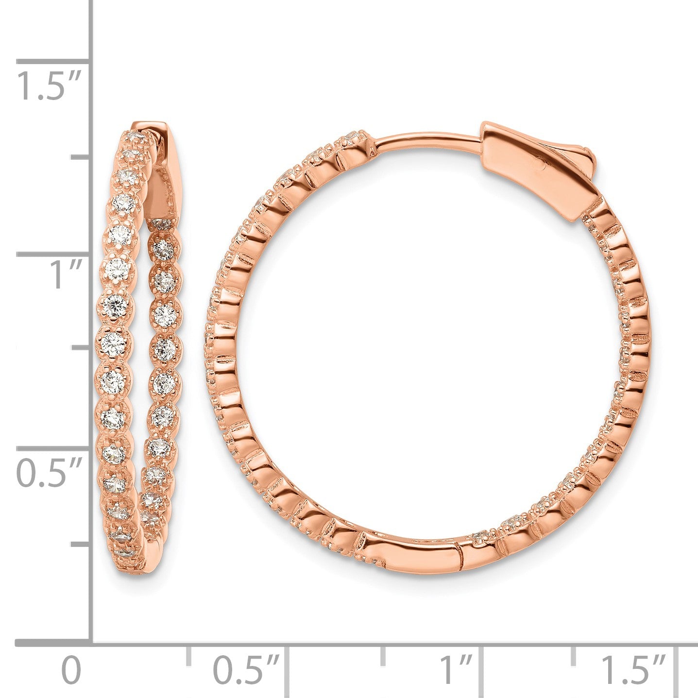 Sterling Silver Polished Rose-tone In & Out CZ Hinged Hoop Earrings