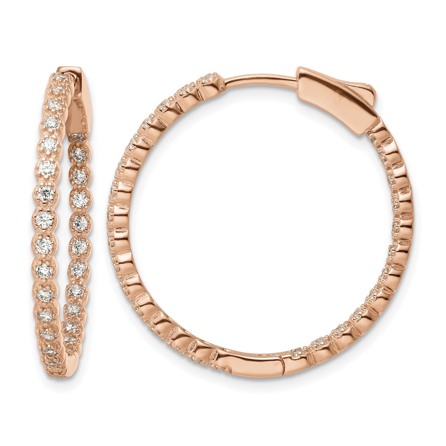 Sterling Silver Polished Rose-tone In & Out CZ Hinged Hoop Earrings