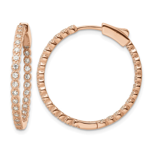 Sterling Silver Polished Rose-tone In & Out CZ Hinged Hoop Earrings