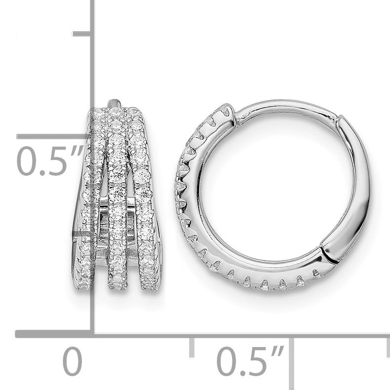 Sterling Silver Rhodium-plated Polished Triple Row CZ Hinged Hoop Earrings
