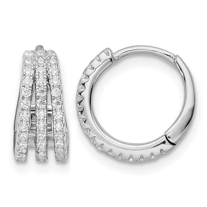 Sterling Silver Rhodium-plated Polished Triple Row CZ Hinged Hoop Earrings