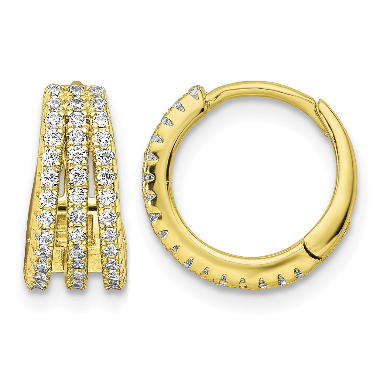 Sterling Silver Gold-tone Polished Triple Row CZ Hinged Hoop Earrings