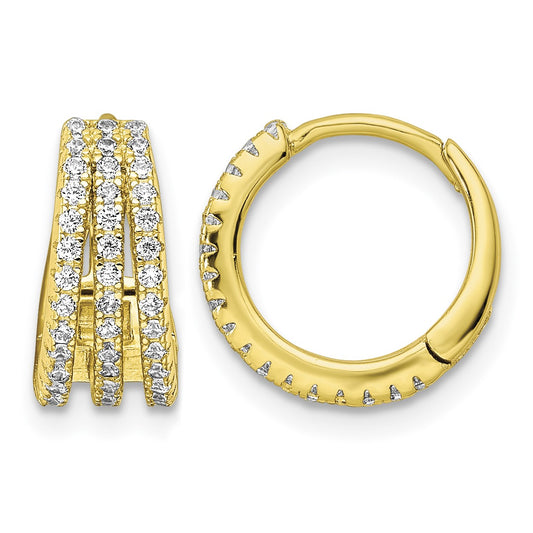 Sterling Silver Gold-tone Polished Triple Row CZ Hinged Hoop Earrings