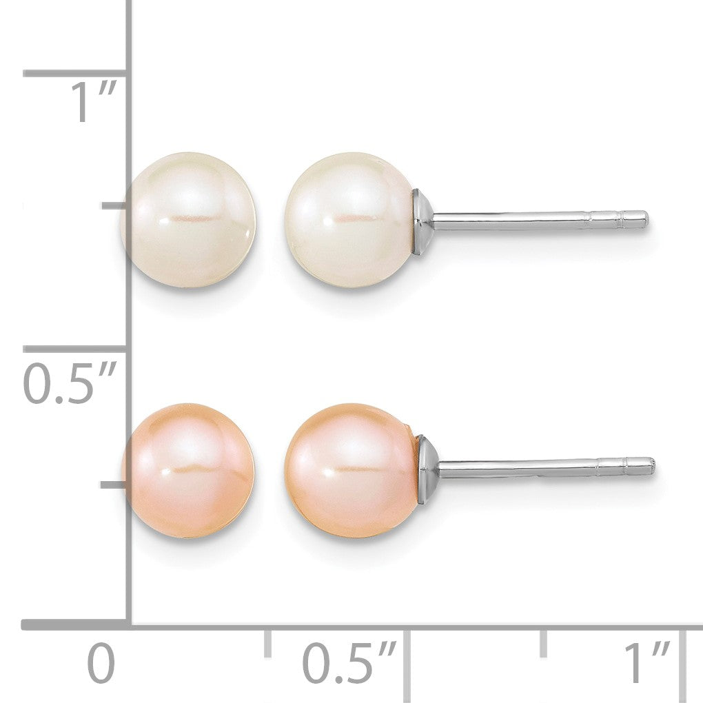Sterling Silver Rhodium-plated 6-7mm White and Pink Round Freshwater Cultured Pearl Set of 2 Post Earrings