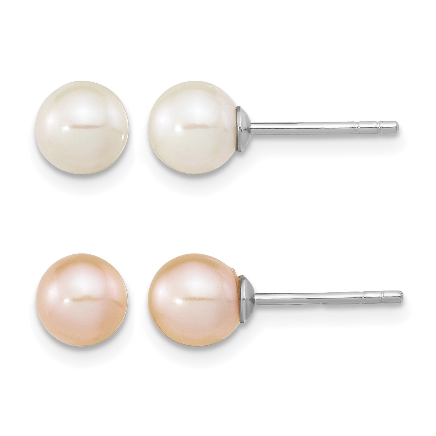 Sterling Silver Rhodium-plated 6-7mm White and Pink Round Freshwater Cultured Pearl Set of 2 Post Earrings